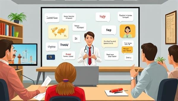 An engaging virtual language lesson scene with a tutor conducting an interactive online class with animated language exercises, cultural insights, and enthusiastic student participation, showcasing the dynamic and immersive language learning experience.