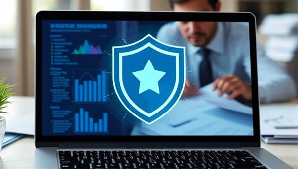 An image of a digital shield icon protecting financial documents and tax forms on a computer screen, with a virtual tax auditor examining files in the background, symbolizing online tax audit defense and protection services for clients.