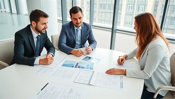 A professional setting showing a team of experts conducting a procurement strategy session with government documents and contracts on the table, showcasing collaboration and expertise in government procurement optimization.