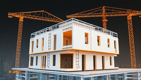 An innovative visualization of a modular building under construction, showcasing 3D printed components being assembled with precision and speed, illustrating the future of rapid and sustainable construction practices.