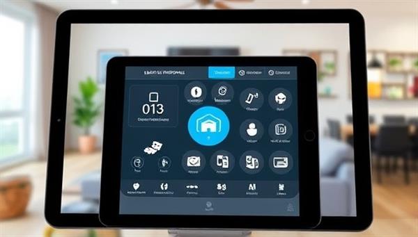 An innovative smart home control panel displayed on a tablet screen, demonstrating the integration of various IoT devices and automation features in a modern living space, showcasing the convenience and efficiency of SmartLiving Blueprint