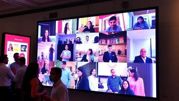 A digital screen displaying a vibrant and interactive virtual event with attendees engaging in various activities, showcasing the dynamic and engaging nature of virtual events hosted through EventVirtuoso.