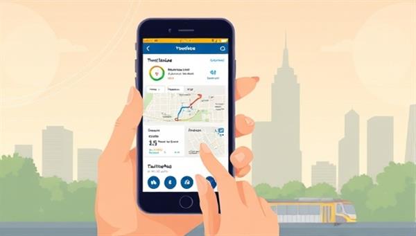 An engaging digital illustration of a user interacting with the TransitEase platform on a smartphone, exploring route options and transit schedules with a city skyline in the background, emphasizing convenience and efficiency in public transportation planning.