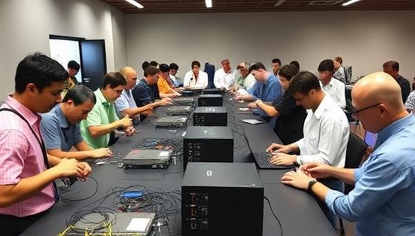 A diverse group of workshop participants engaged in hands-on activities, connecting cables, configuring devices, and troubleshooting network setups under the guidance of experienced instructors, fostering a collaborative learning environment.
