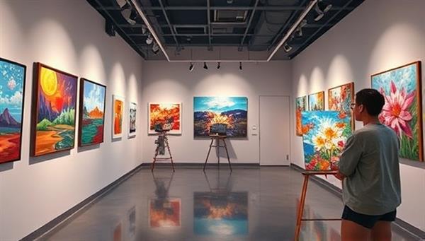 An immersive virtual art gallery setting with vibrant digital artworks displayed on virtual walls, interactive elements for users to explore and purchase art pieces, and an artist conducting a live virtual painting demonstration, capturing the essence of the innovative virtual art experience.