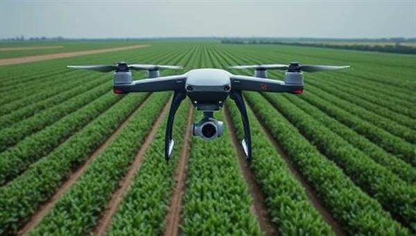 An aerial view captured by a drone showcasing a lush green farmland with perfectly aligned crops, highlighting the precision and detail of crop monitoring services provided by AeroFarm Insights, symbolizing advanced agricultural technology and innovation.