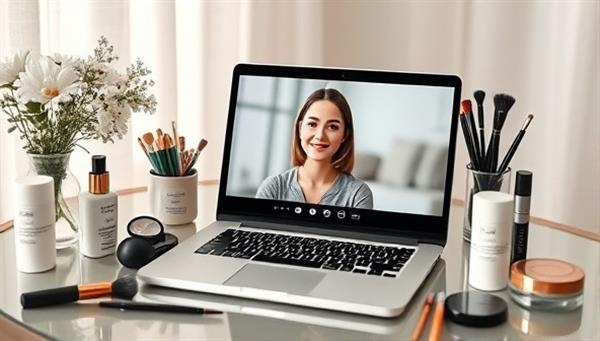 An elegant virtual beauty consultation setup with a laptop displaying a video call with a beauty advisor, surrounded by skincare products, makeup brushes, and a cozy atmosphere, reflecting professionalism and personalized beauty expertise.