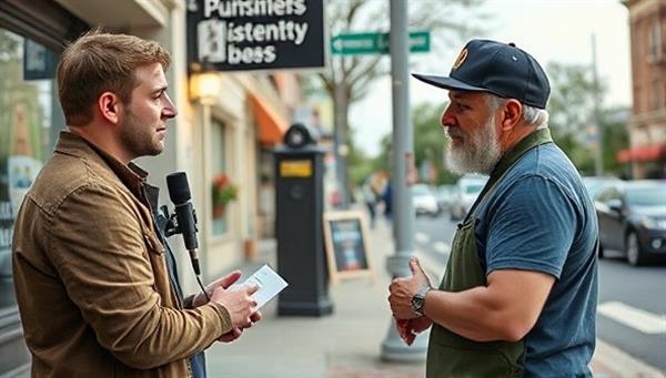 An image showcasing a reporter interviewing a local business owner on a busy street corner, capturing the essence of community journalism and neighborhood storytelling.
