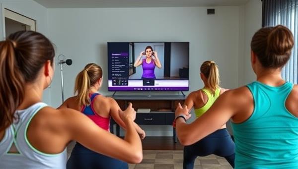 An energizing image of a virtual fitness class in progress, with participants following along with an instructor on screen, displaying enthusiasm and determination in their home workout space, embodying the dynamic and interactive nature of FitFusion Online