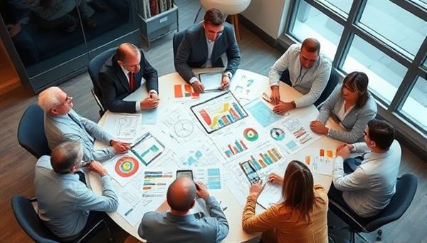 A diverse group of government officials and consultants brainstorming and strategizing around a table filled with charts, graphs, and efficiency models, symbolizing collaboration and innovation in improving government operations with EffiGov.