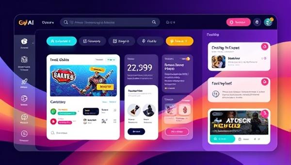 An interface mockup of the GameGenius AI platform, featuring intuitive tools for game design, AI content generation, and collaboration, with vibrant colors and interactive elements that highlight the platform