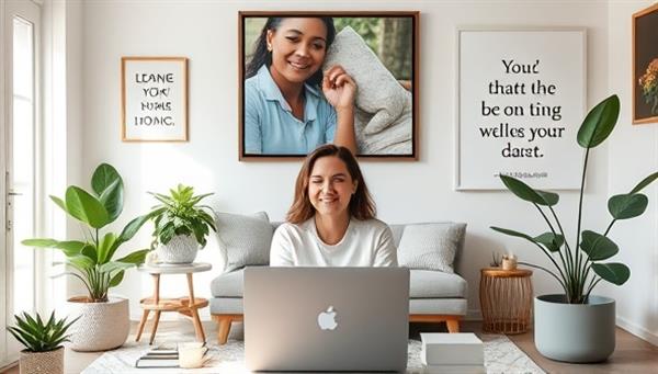 An inviting and peaceful digital workspace with a wellness coach conducting an online session with a client, surrounded by green plants, calming decor, and motivational quotes, creating a serene and motivational atmosphere for wellness coaching.