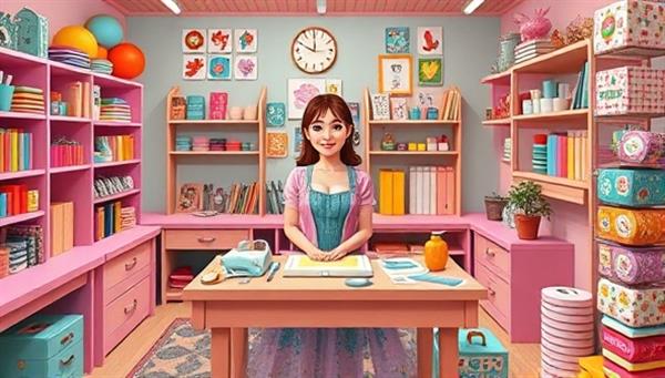 A colorful craft studio setting with a virtual crafter leading a workshop session, surrounded by a variety of crafting materials, tools, and finished handmade projects, showcasing a creative and inspirational environment for crafting enthusiasts to explore and create.