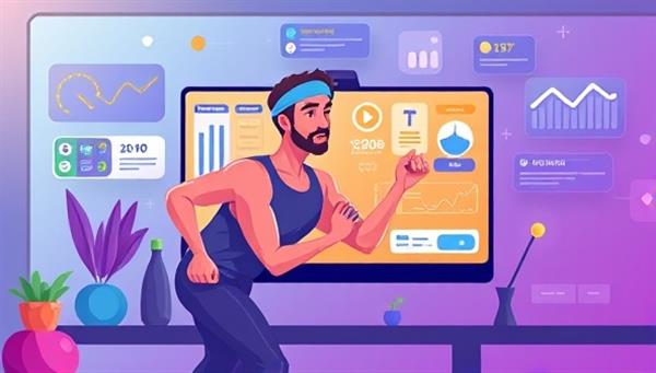 A dynamic and vibrant digital illustration of a virtual fitness coach guiding a user through a workout routine via a video call, with interactive fitness trackers and motivational messages in the background, inspiring a sense of progress and achievement.