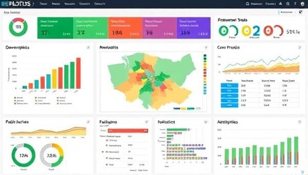 An interactive data visualization platform showcasing a dynamic dashboard with colorful charts, maps, and graphs representing government data on demographics, trends, and public services, providing insights and understanding at a glance.