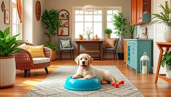 A vibrant and welcoming home environment with pet-friendly features such as a cozy pet bed, food bowls, toys, and pet-friendly flooring, showcasing the comfort and convenience of living in a pet-inclusive space promoted by Pet-Friendly Estates.