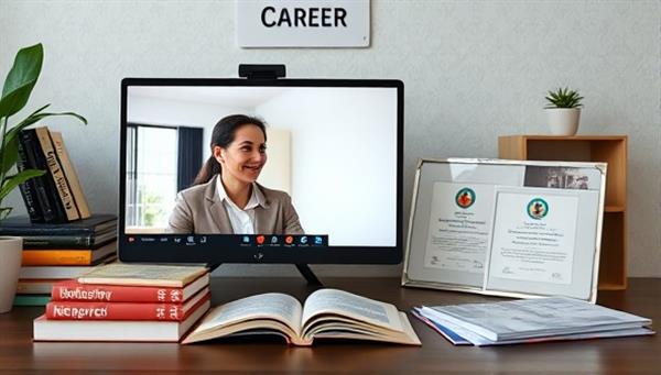 A virtual career coaching session with a career advisor providing guidance to a client through a video call, surrounded by career development books, industry reports, and professional development certificates, symbolizing growth and progress in one
