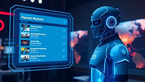An AI-powered virtual assistant presenting a user with a list of personalized game recommendations on a futuristic holographic display, highlighting the platform
