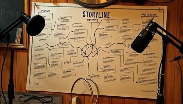 An artistic depiction of a branching storyline map, showcasing different narrative paths and decision points, surrounded by audio recording equipment and headphones, illustrating the interactive and immersive nature of the storytelling podcasts on the platform.