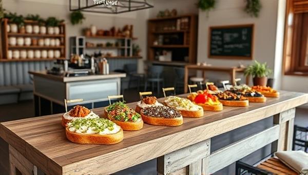 An aesthetically pleasing toast bar setup with a rustic wooden counter displaying an array of colorful toast slices topped with creative spreads, fresh ingredients, and garnishes, surrounded by cozy seating and natural light, inviting customers to enjoy a delightful toast experience at Toastique Delights.