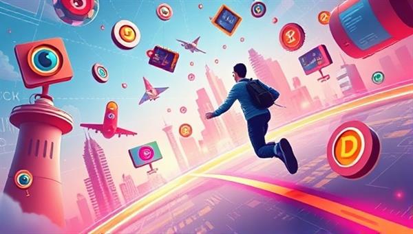 A captivating visual representation of a digital avatar navigating through a virtual design world filled with interactive challenges, badges, and design tools, capturing the essence of gamification and creativity in web design training at DesignQuest Academy.