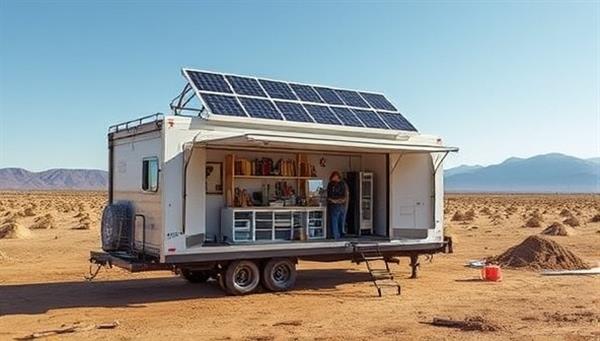 A mobile construction unit parked at a remote job site, with solar panels on the roof generating energy, construction tools neatly organized inside, and a team of workers operating efficiently in the sustainable workspace provided by SolarCraft Constructions.