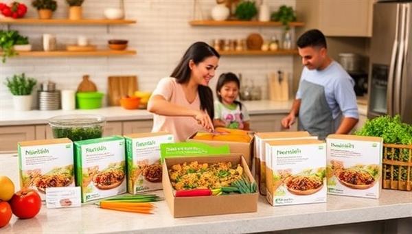 A vibrant kitchen scene with fresh ingredients, recipe cards, and NourishMeals Delivered meal prep kits neatly arranged on a countertop, with a family or group of friends happily cooking and enjoying a nutritious meal together, showcasing the convenience and joy of healthy meal preparation.