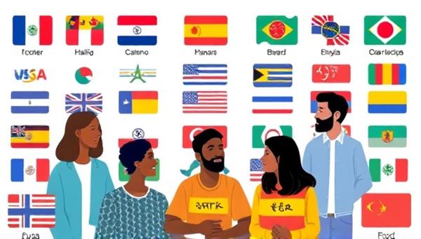 An engaging virtual language exchange session depicted with diverse participants conversing in different languages on a digital platform, with language flags and cultural symbols in the background, showcasing diversity and connectivity.
