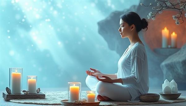 An ethereal digital artwork featuring a serene and mystical setting with a holistic practitioner engaging in a virtual energy healing session with a client, surrounded by calming crystals, incense, and natural elements, conveying a sense of spiritual healing and holistic wellness offered by the online platform.