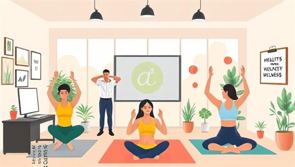 A digital illustration of a virtual fitness class with participants engaging in exercises from their home offices, surrounded by wellness props and motivational quotes, highlighting the importance of health and wellness in remote work environments.