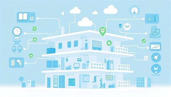 An illustration of a smart building infrastructure with interconnected IoT devices, sensors, and systems controlled through the SmartBuild Connect platform, demonstrating energy optimization, security monitoring, and facility management features, showcasing the efficiency and sustainability benefits of IoT communication in smart buildings.