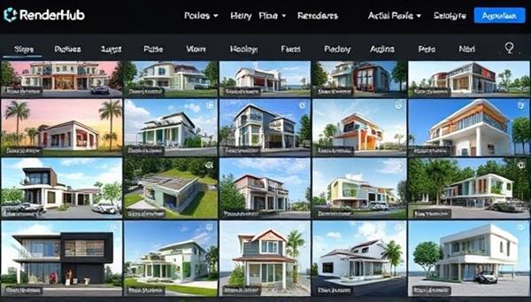 An array of stunning architectural renderings displayed on a digital marketplace platform, showcasing the diverse styles and capabilities of freelance renderers available on RenderHub.