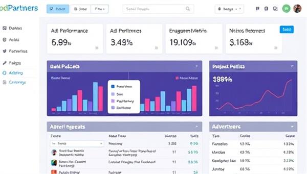 A digital interface of PodPartners displaying a dashboard with detailed analytics on ad performance, engagement metrics, and revenue generated for both podcasters and advertisers, illustrating the platform