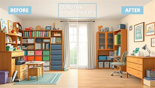 A digital illustration of a cluttered room transforming into a well-organized space through virtual consultancy, showcasing before-and-after visuals, storage solutions, and a sense of harmony and order, reflecting the transformational impact of ClutterFree Solutions.