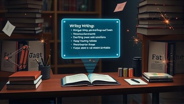 An artistic representation of a futuristic writing desk with a holographic AI assistant displaying writing suggestions, surrounded by floating books and creative sparks, symbolizing innovation and writing enhancement.