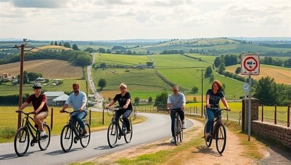 A picturesque rural landscape with rolling hills and winding country roads, showcasing a group of diverse individuals happily riding shared bicycles, highlighting the community-driven and eco-conscious nature of the bike-sharing program.