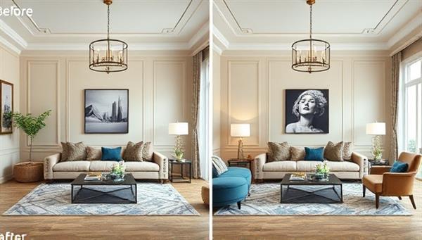 An elegant room mockup with before and after images, showcasing the impact of virtual home improvement consultations on transforming living spaces, featuring trendy decor elements and personalized design touches.