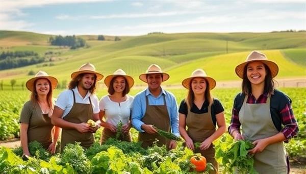 A group of diverse individuals wearing farm hats and aprons, joyfully picking fresh vegetables in a sunlit field, surrounded by rolling hills and a rustic farm setting, capturing the essence of a farm-to-table adventure.
