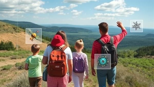 An image of a family exploring a scenic outdoor location, with digital AR overlays highlighting hidden clues and treasures, capturing the excitement and exploration of the AR treasure hunt experience.