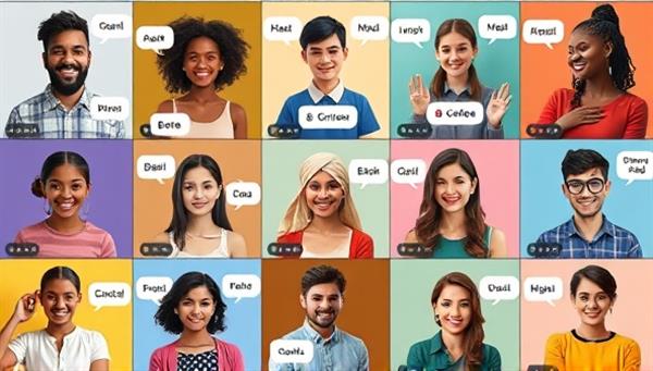 A vibrant digital collage featuring diverse individuals of different ethnicities engaging in virtual language exchange sessions via video calls, with speech bubbles showing words in various languages, symbolizing global communication and cultural exchange.