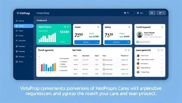 A digital interface displaying a comprehensive property management dashboard with rental income reports, maintenance requests, lease agreements, and tenant communication logs, highlighting the convenience and efficiency of VirtuProp Care