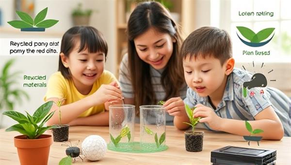 An image of a family engaging in a science experiment using the EcoSciCraft kit, with recycled materials, plant-based components, and solar-powered gadgets, highlighting the sustainability and educational aspects of the product.