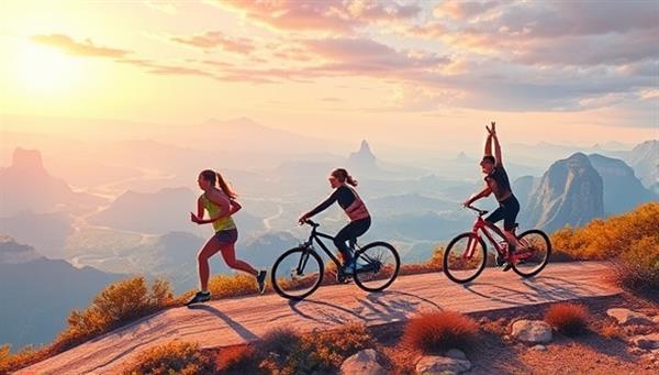 A dynamic digital illustration of a virtual fitness adventure landscape, featuring users engaging in various workout activities such as running, cycling, and yoga in a visually stunning and interactive virtual environment, creating a motivating and immersive fitness experience.