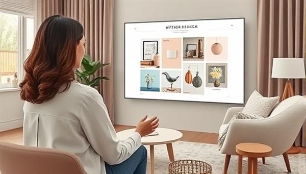 An artistic rendering of a virtual interior design consultation session, with a designer presenting a virtual mood board on a large screen while the client views it from a cozy home setting, emphasizing the convenience and creativity of remote design services.