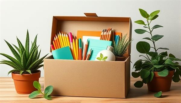 An artistic depiction of a subscription box filled with vibrant eco-friendly school supplies, surrounded by green plants and natural elements, symbolizing sustainability and education in harmony.