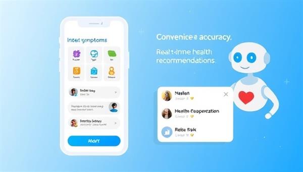 An animated visualization of the SymptoSense app interface, featuring a user inputting symptoms and receiving real-time health recommendations, with colorful health icons and a chatbot providing guidance, showcasing convenience and accuracy.