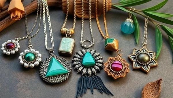 An artistic image showcasing a collection of recycled material jewelry pieces from ReVibe Ornaments, arranged elegantly on a natural backdrop with elements of the materials used in each piece, highlighting the beauty and sustainability of the jewelry creations.