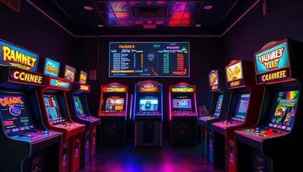 An engaging visual featuring a virtual arcade room filled with classic arcade cabinets and neon lights, with digital screens displaying retro games and high scores, evoking the nostalgic atmosphere of a bustling arcade from the past, inviting users to step into a virtual time machine of gaming history.