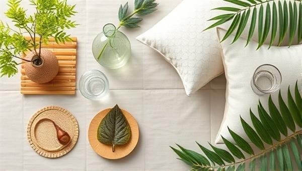 An artistic flat lay of sustainable home decor items such as bamboo coasters, recycled glass vases, and organic cotton throw pillows arranged in a visually appealing and eco-friendly setting, evoking a sense of harmony with nature.