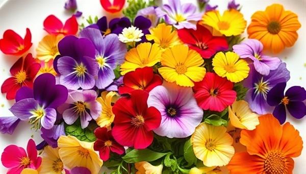 A dazzling array of colorful and delicate edible flowers arranged in a gourmet dish, garnishing a beautifully plated culinary creation, highlighting the exquisite and artistic use of PetalPalate Gardens